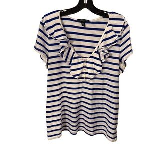 RALPH LAUREN White & Royal Blue Striped Cotton Knit Ruffle Neck Top L